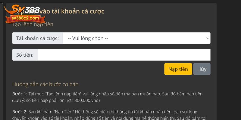 Quy trình nạp tiền vào tài khoản SV388 nhanh chóng